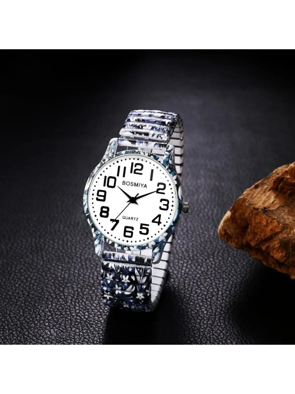 Womens Black And White Analog Number Elastic Stretch Band Bohemia Bracelet Watch